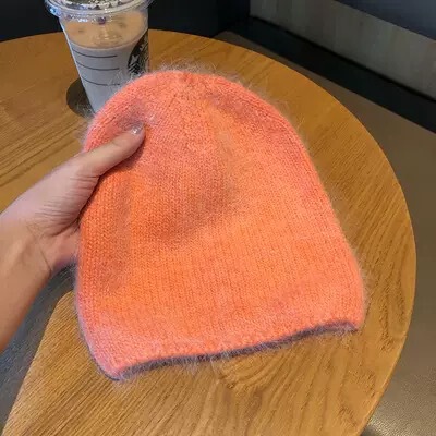高级感兔毛针织帽显脸小女秋冬保暖百搭网红直筒包头帽堆堆毛线帽|undefined