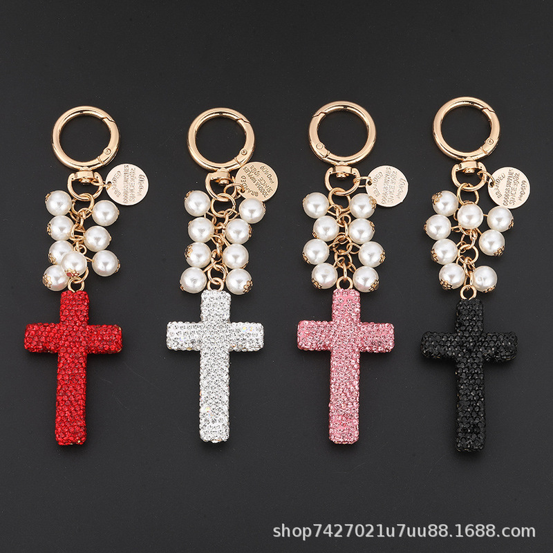 Creative Beaded Bowknot Cross Keychain with Clay and Full Rhinestones, Exquisite Bag Charm, Sparkling Rhinestone Car Keychain Creative Beaded Bowknot Cross Keychain with Clay and Full Rhinestones, Exquisite Bag Charm, Sparkling Rhinestone Car Keychain