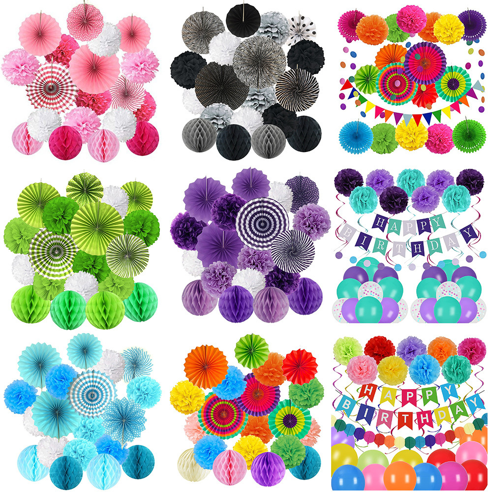 亚马逊热卖派对装饰套装纸扇纸花球蜂窝球组合套装现货厂家直销