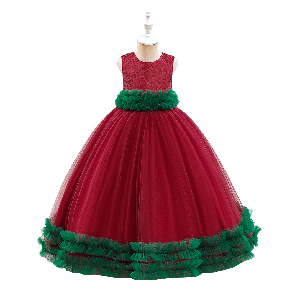 Amazon nuevo Navidad Nochebuena fiesta banquete vestido mediano y grande niños malla bordado vestido princesa vestido en stock