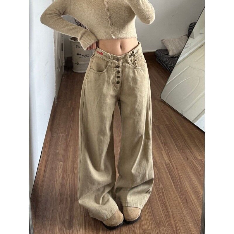 American Retro Khaki Distressed Straight Button Slim-Fit Jeans for Women, New Autumn and Winter Niche Design Casual Pants
