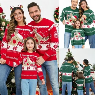 Cross-border European and American Christmas Family Sweater Autumn and Winter Children's Cartoon Elk Jacquard Pullover Base Knitwear