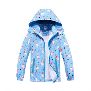 Girls' Outdoor Waterproof Breathable Hat-off Zipper Shirt Rush Clothes Fashion Sports Printed Unicorn Coat Coat