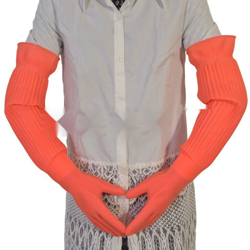 Очень длинные водонепроницаемые перчатки для мытья посуды для стирки одежды для женщин, бархатные утолщенные износостойкие латексные перчатки с длинными рукавами, тонкий стиль