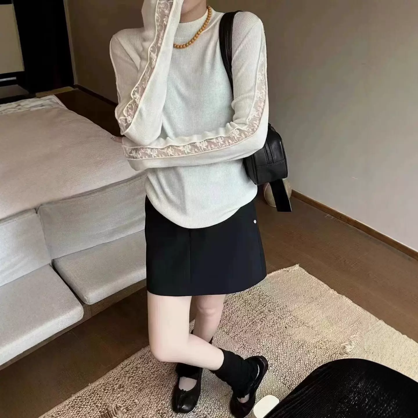 韩系蕾丝拼接羊毛打底衫女0921-139G