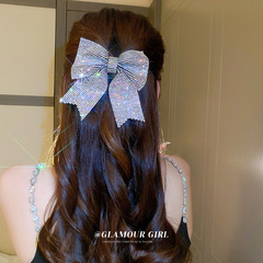 超仙らしいフルダイヤモンドのリボン付きスプリングクリップヘアアクセサリー、大きなヘアバンド、高級感のある絶妙な後頭部用プリンセス風ヘアピン