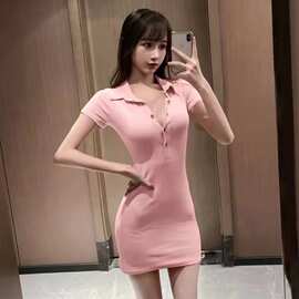 新款法式别致t恤裙纯欲风辣妹黑色Polo领连衣裙夏季显瘦气质短裙