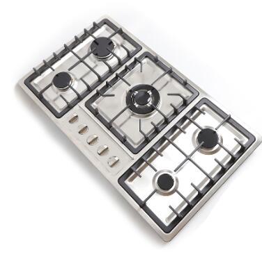 Estufa de gas de 5 quemadores con panel de vidrio, apta para gas natural y licuado, encendido automático.