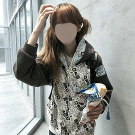 日系y2k满印波点撞色双层连帽卫衣女秋冬轻亚可爱甜酷宽松外批发