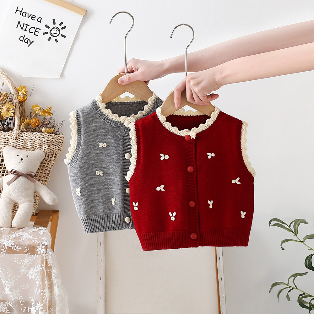 Girls' Knitted Vest for Spring and Autumn 2026, Baby Sweater Vest, Infant Woolen Vest with Handmade Embroidery