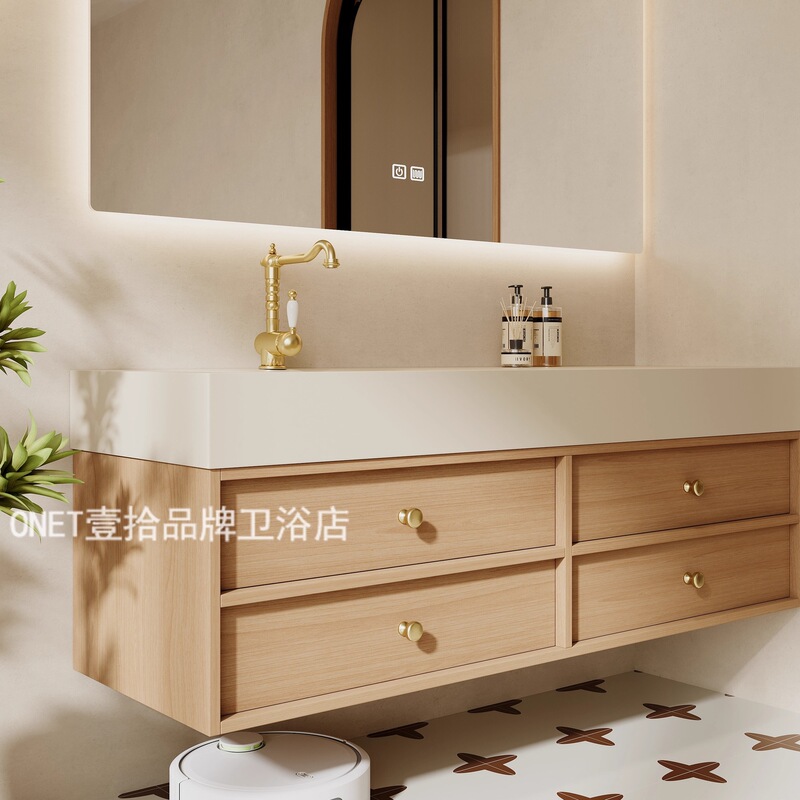 All-Aluminum Honeycomb Aluminum Rock Slab Hot-Bent Integrated Basin Solid Wood Color Bathroom Cabinet Combination Japanese-Style Villa Bathroom Sink