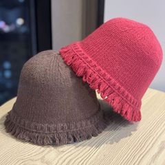 新款渔夫帽女韩版秋冬针织盆帽小众设计流苏边时尚毛线帽百搭冷帽