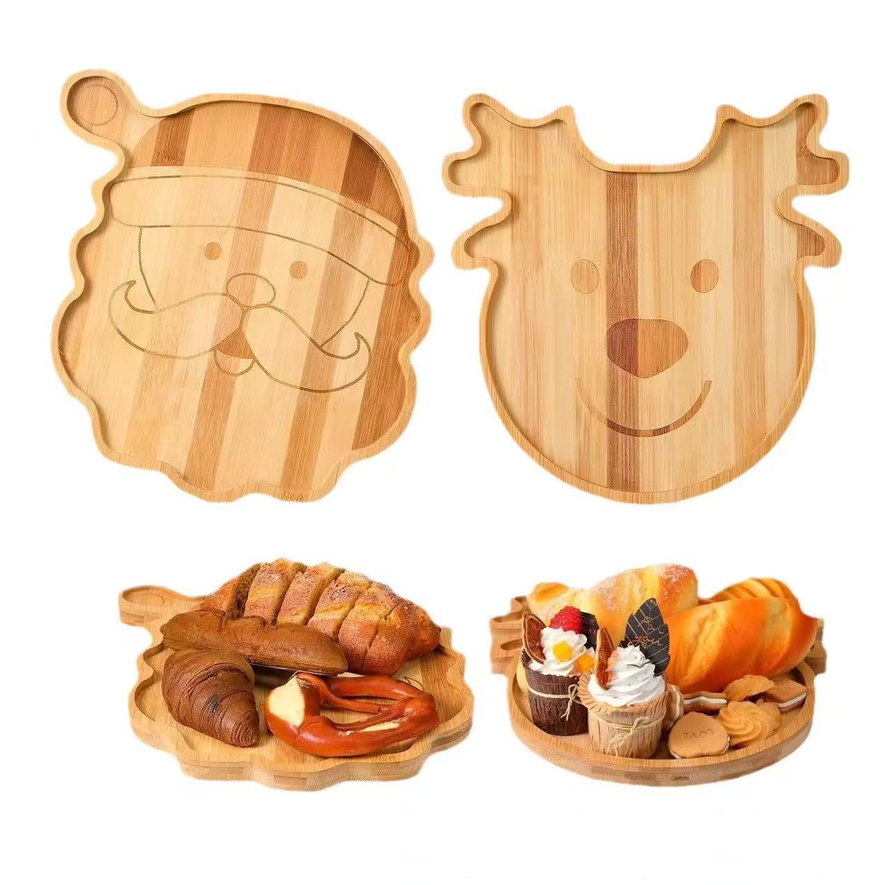 创意竹木圣诞老人托盘家用实木麋鹿托盘派对聚会木质零食点心托盘