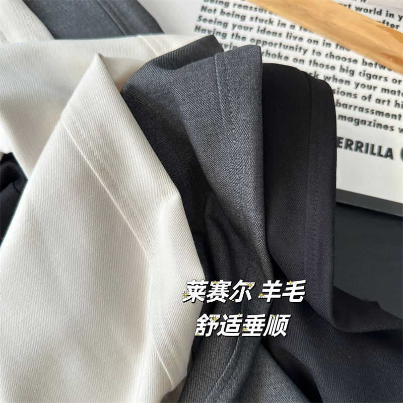 慵懒范~巨显瘦半松紧腰莱赛尔羊毛面料 高腰垂感休闲弯刀西装裤女|undefined