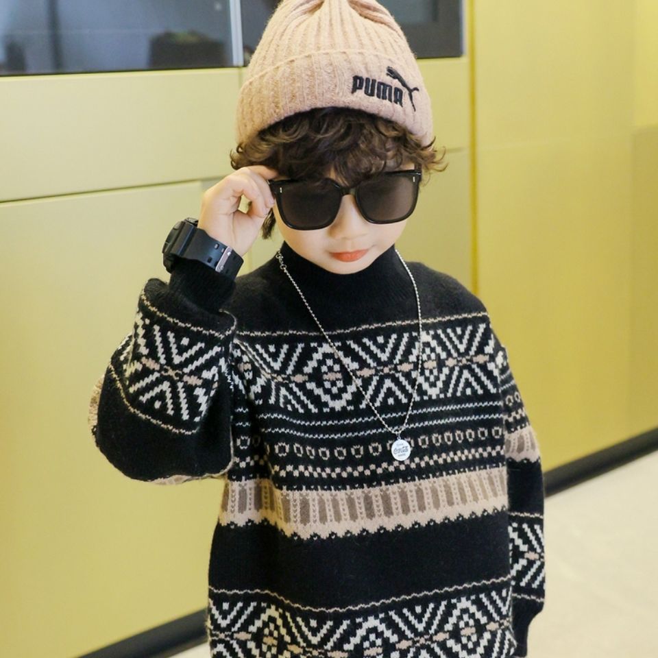 2024 Boys' Knitted Sweater, Autumn/Winter Thickened Warm Base Layer Pullover Stylish Top for Big Kids