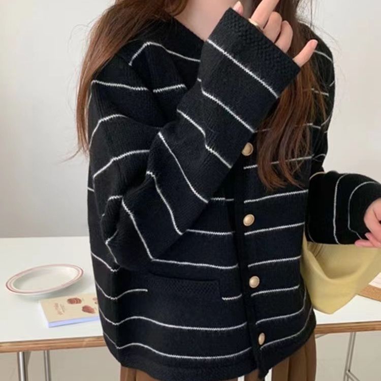 韩系条纹宽松慵懒风针织开衫2025秋冬女装简约百搭圆领毛衣外套女|undefined