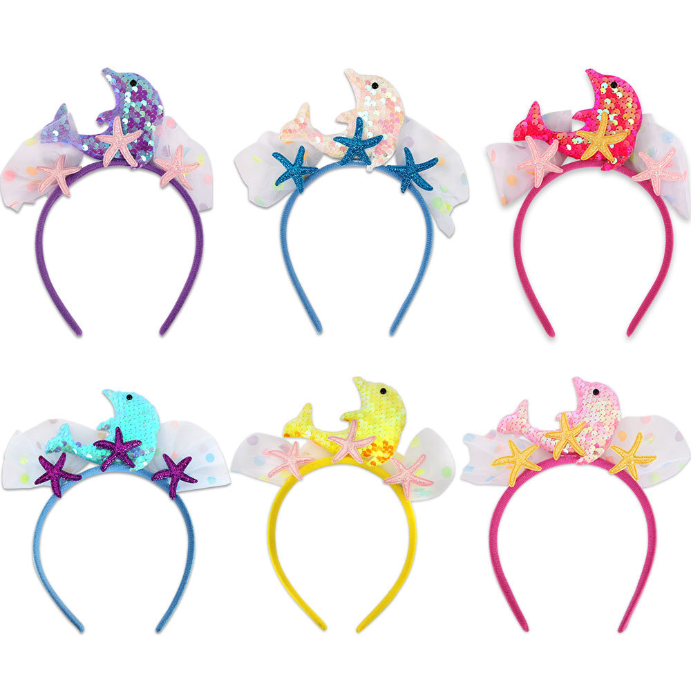 Transfronterizos de sequillas de cola de pescado banda de cabello chica fiesta de cumpleaños decoración mar serie tocado delfin estrella de mar banda de malla de hilo