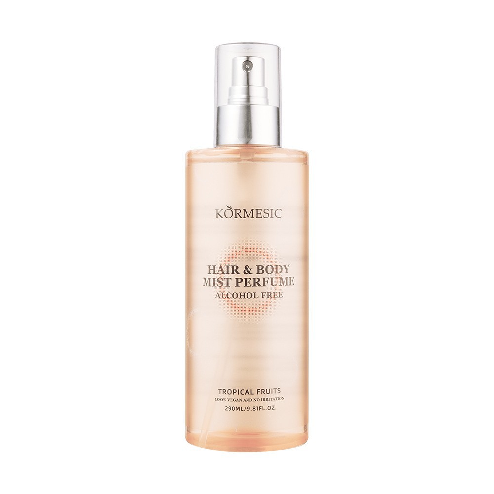 Perfume corporal en aerosol KORMESIC, totalmente en inglés, con fragancia duradera a té y frutas, disponible para comercio transfronterizo.