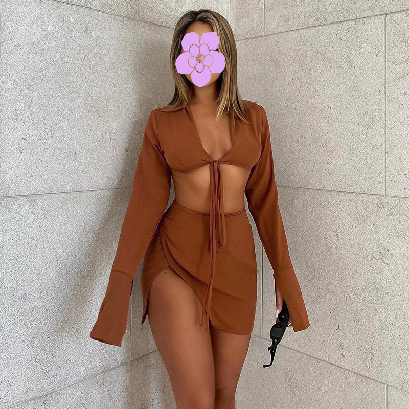 Style Early Autumn New Women Clothing Long Sleeve Short Lace-up Cardigan Sexy Slit Sheath Skirt Casual Suit in Skirt Sets