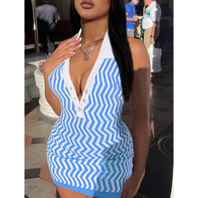 P 14138 Ruffled halter backless dress ���ƹҲ�¶����ȹ