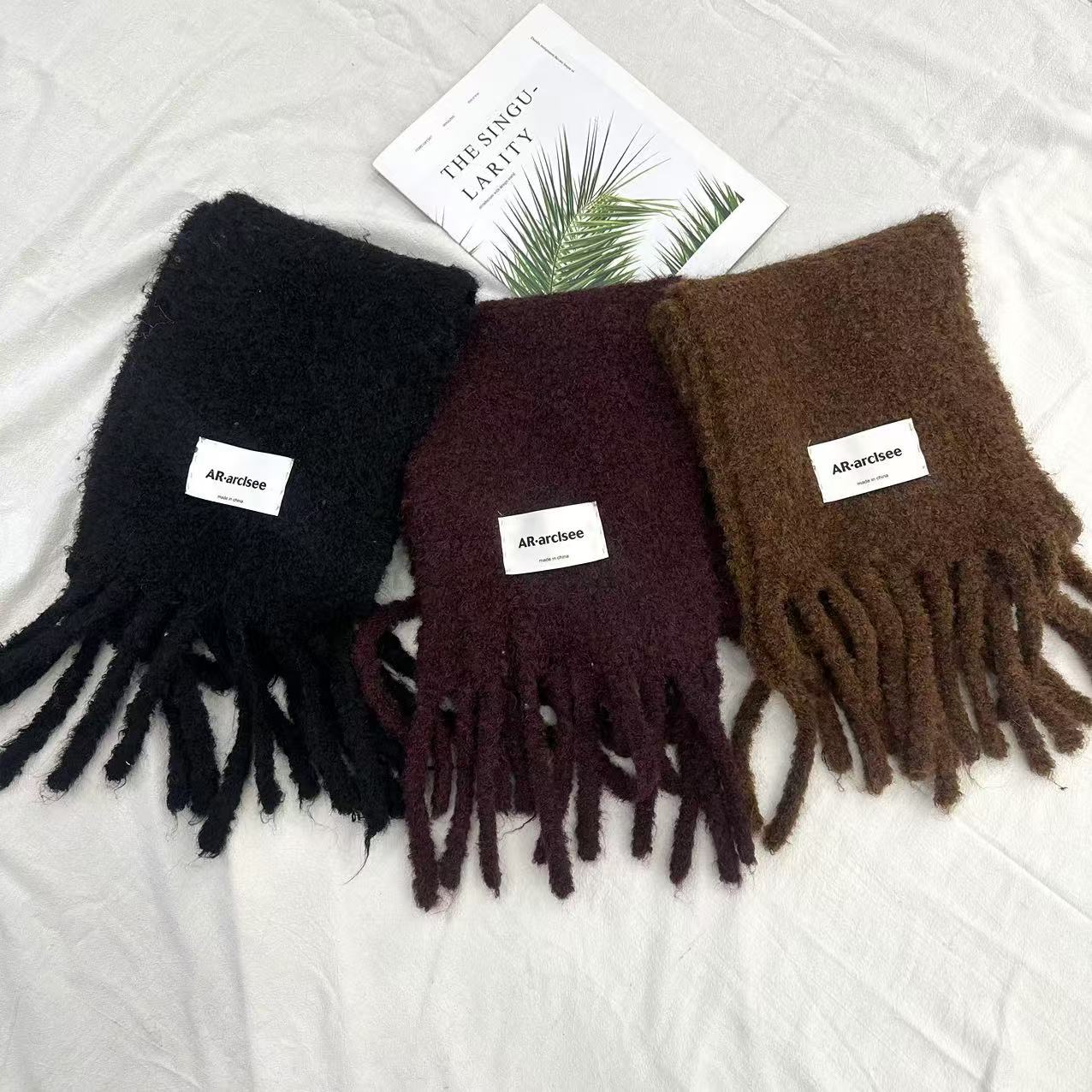 Woolen keep warm demi-season scarf with tassels, colored knitted cloak, increased thickness