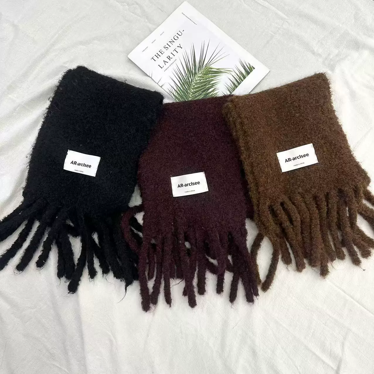 Woolen keep warm demi-season scarf with tassels, colored knitted cloak, increased thickness