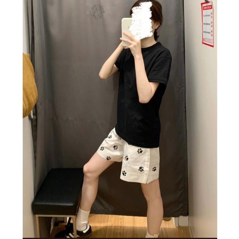 [Exclusive for Southeast Asia] White Dog Paw Print Shorts Women's Summer Outer Wear Loose Wide Leg Casual Sports Pants