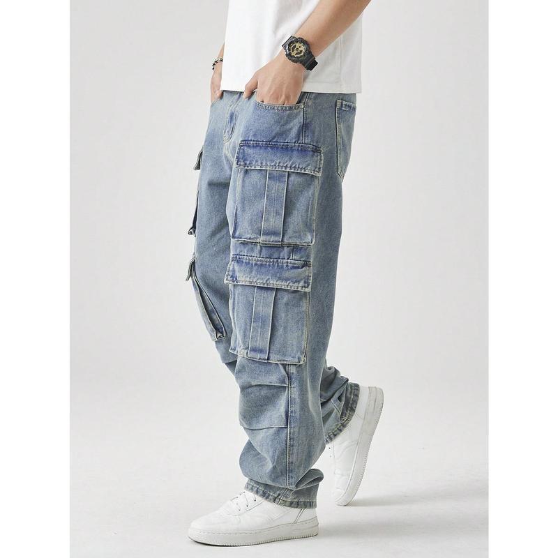 跨境Men's Casual Washed Straight Leg Cargo Jeans Menswear|undefined