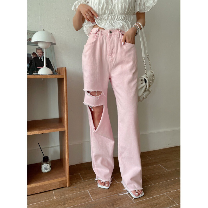 Fashionable Design Single-Leg Ripped Jeans for Women, Adjustable High-Waisted Slimming Look Versatile Straight-Leg Raw Edge Pants in 3 Colors