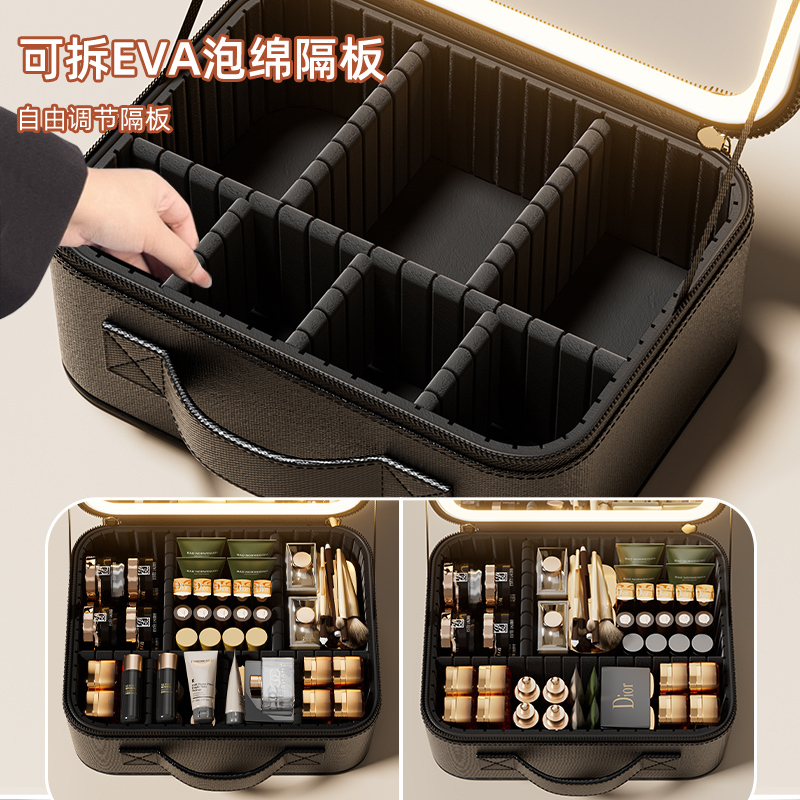 High-end LED travel makeup bag with mirror for women, portable large-capacity makeup case with compartments