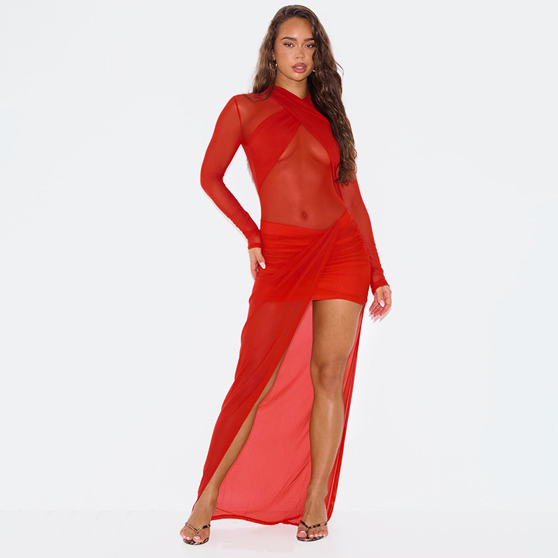 Europa y los Estados Unidos de la ropa de mujer cruzada sexy perspectiva hilo de malla transfronterizo nuevo cuello redondo rojo delgado vestido de cadera mujer