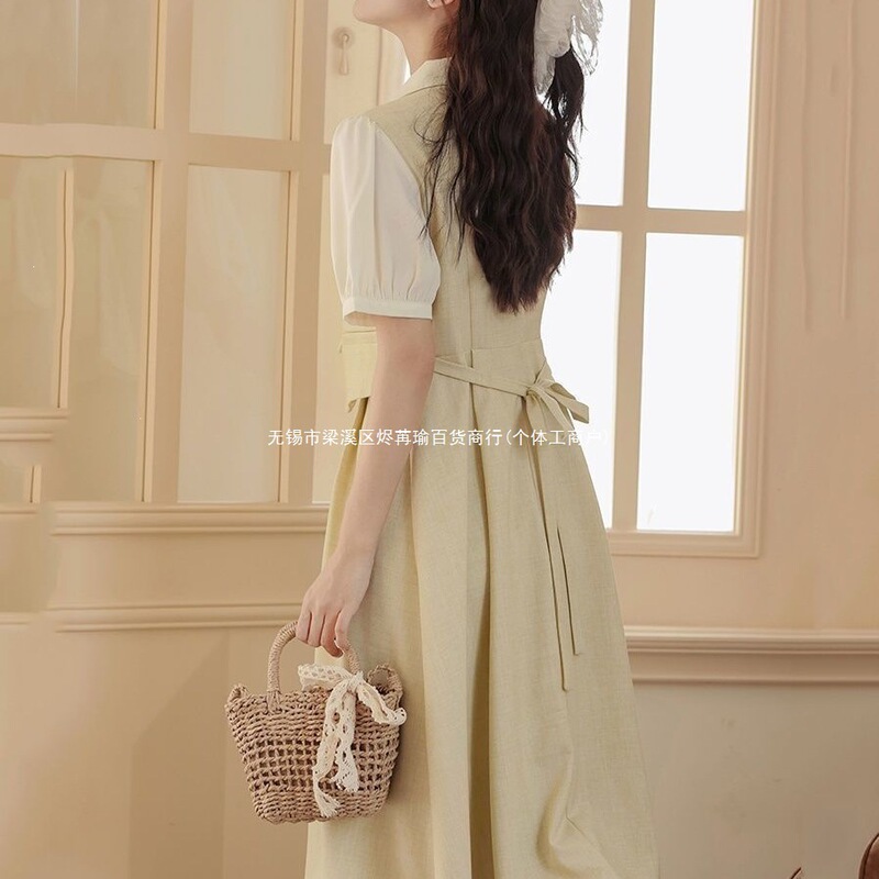 Tea Break French Country-Style Dress for Women, Short-Sleeved, Elegant, Faux Two-Piece, Suitable for Teaching Interview, Formal Occasions, and Long Dresses for Women Tea Break French Country-Style Dress for Women, Short-Sleeved, Elegant, Faux Two-Piece, Suitable for Teaching Interview, Formal Occasions, and Long Dresses for Women