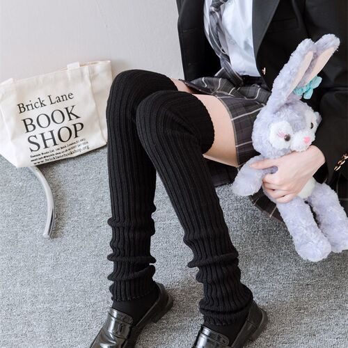 Autumn and winter women's solid color knitted pile socks woolen leg boots boot covers Japanese trendy over-the-knee college style JK calf socks