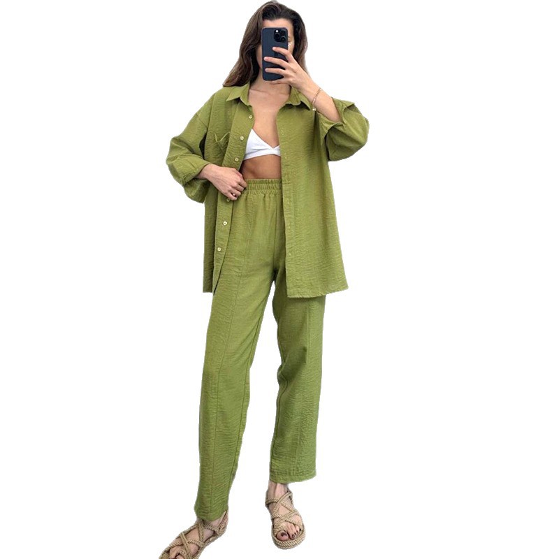 Completo da donna europeo-americano per il commercio estero, camicia a maniche larghe da donna, pantaloni lunghi primaverili da donna._voghion.com