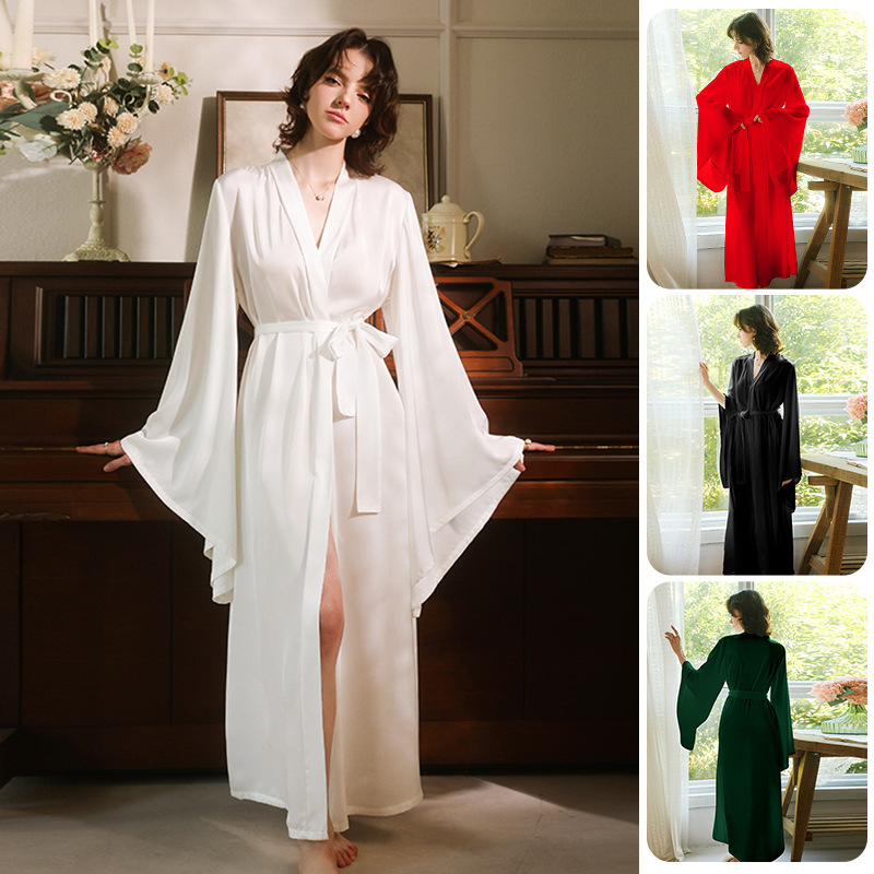 Feiyun Satin Long Lace-Up Sexy Nightgown for Women Multi-Color Trumpet Sleeves Accessible Luxury Bridal Dressing Gown Home Wear 1103