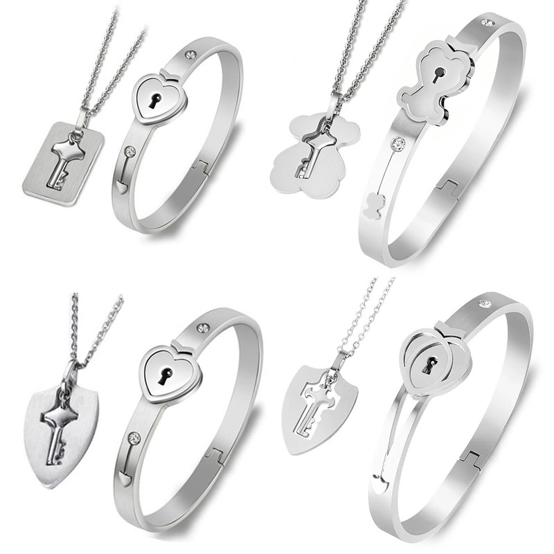 Cross-border creative style up to the sky couple bracelet concentric lock love lock titanium steel bracelet key set Wholesale
