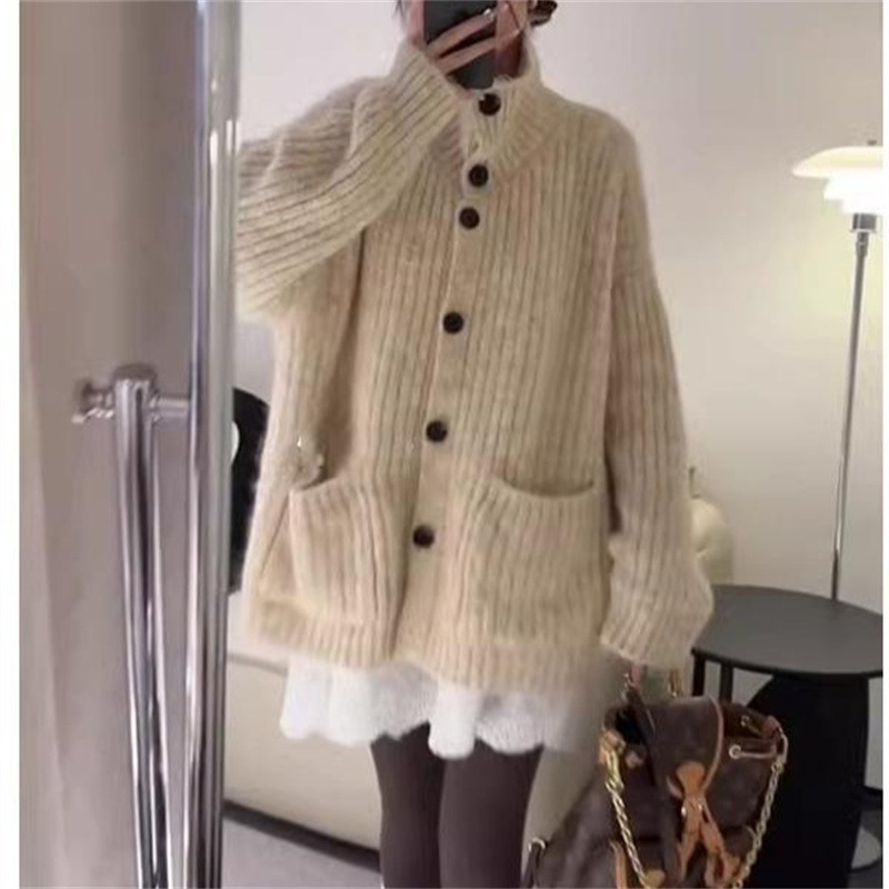 韩系穿搭慵懒风翻领毛衣秋冬女装高级感宽松软糯针织开衫上衣外套|undefined