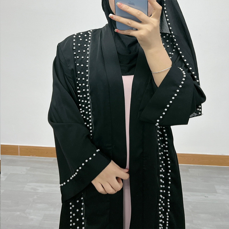 F326 Cross-Border Foreign Trade Middle Eastern Women's Long Dress, Dubai Pearl Embellished Elegant Cardigan Robe,_ecoleips.com