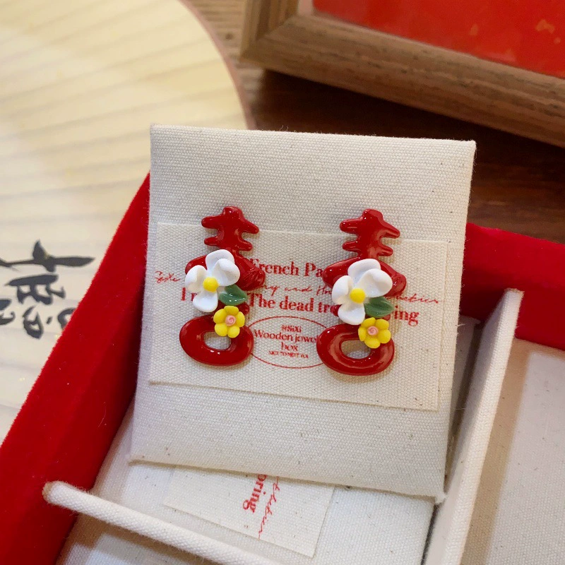 Cute retro red festive earrings, Chinese style, Birthday gift