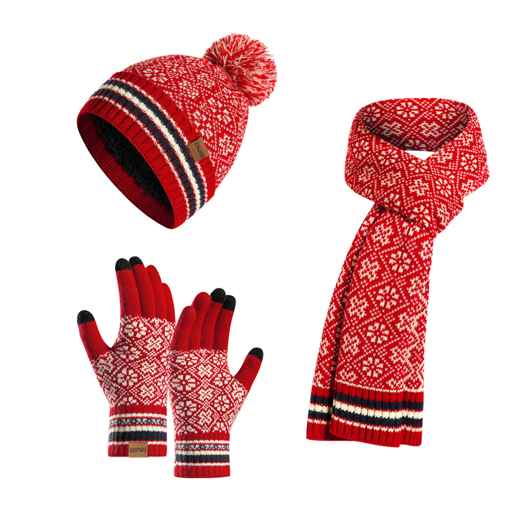 Autumn and Winter New Warmth Set Three Piece Windproof Knitted Hat Thickened Warmth Scarf Neck Protector Comfortable Gloves_voghion.com