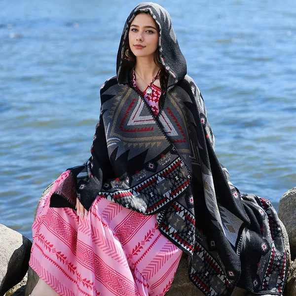 New Hooded Knitted Cape Shawl for Women Cross-Border Hot Sale Amazon Duoduo Woven Slit Cape Manufacturer Direct Sale