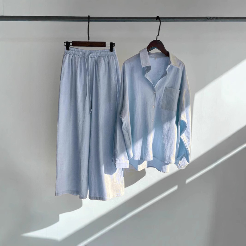 AliExpress cross-border 2025 spring retro temperament plus size women's high waist loose wide leg trousers shirt suit