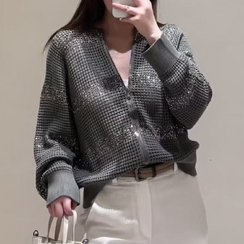 B*C 2026 New Style Striped Sequined Mesh Hollow Zipper Knitted Cardigan Loose Mesh Long-Sleeved Jacket for Women