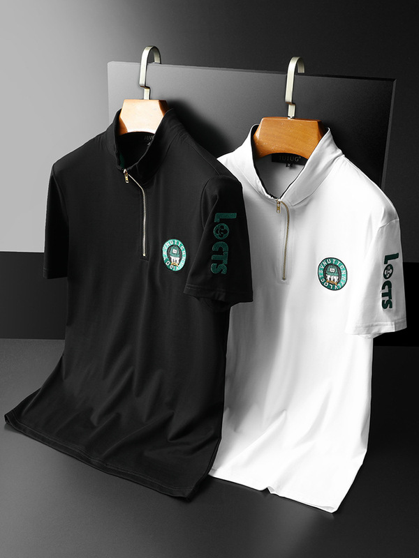 European Station Summer New Lun Gucci Trendyy Mercerized Cotton Embroidered Short-Sleeved Tops Men's Stand-Up Collar T-Shirt