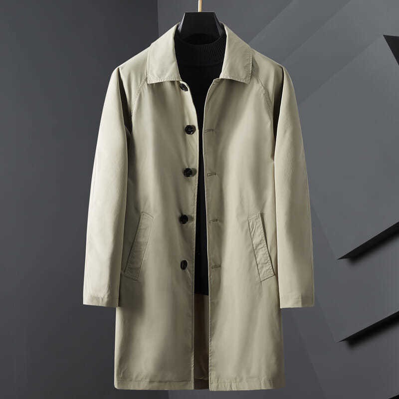Men's Longline Trench Coat, Oversized Hooded Windbreaker With Turn-Down Collar, Cotton-Nylon Blend, Minimalist Design (Beige/Khaki/Black), M-5XL_voghion.com
