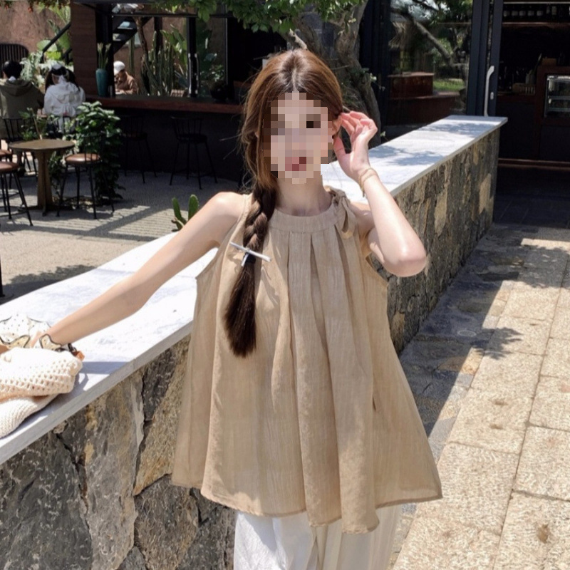 蝶ネクタイピンクノースリーブシャツ夏の女性の夏の優しいフレンチスタイルの美しいオフショルダー人形服トップ|undefined