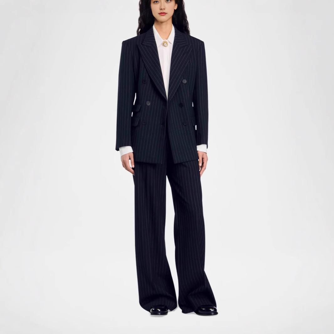 2025 Spring and Autumn New Style Double-Breasted Fashion Striped Regular Suit Women's Mid-Length Ol Commuting Suit Jacket