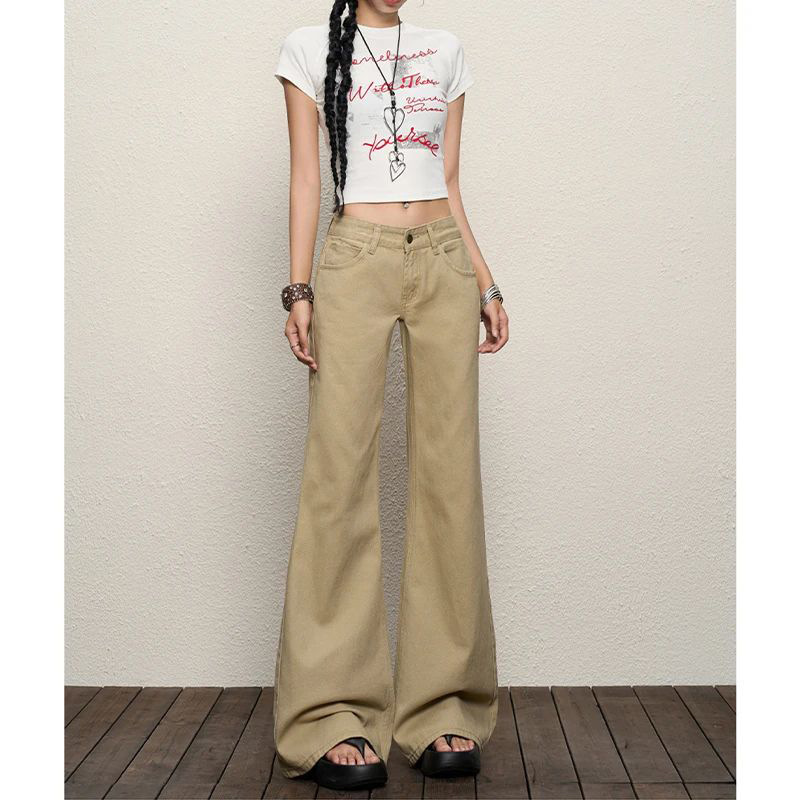 2026 Summer New Style Flared Pants American Retro Khaki Jeans for Women Low-Waist Trendy Floor-Length Not Tight-Fitting