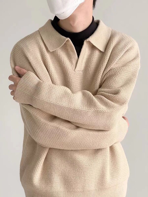 Autumn and Winter Korean Style Retro V-Neck Sweater Pullover Polo Lapel Loose Inner Base Sweater Men's Trend Autumn and Winter Korean Style Retro V-Neck Sweater Pullover Polo Lapel Loose Inner Base Sweater Men's Trend