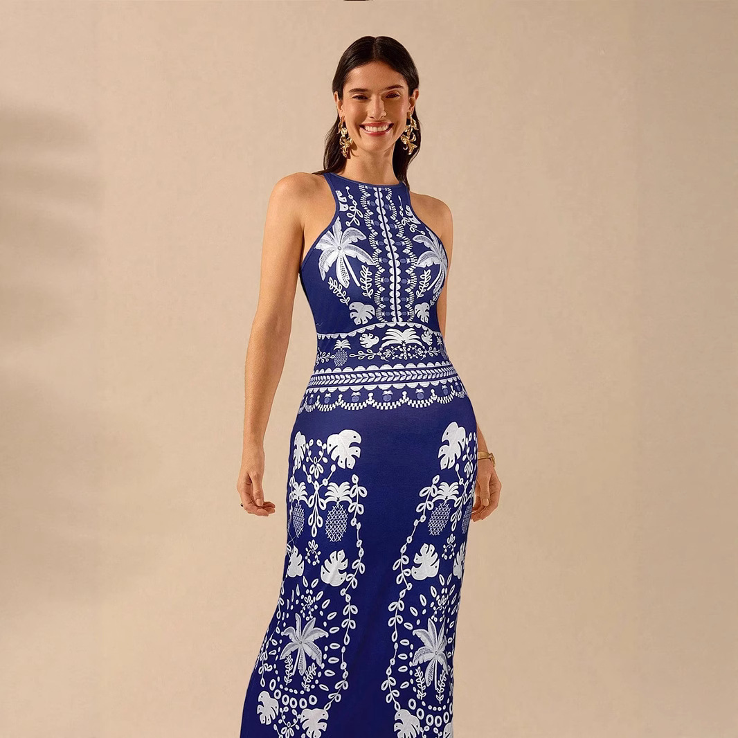 European and American Cross-border Summer New Round Neck Sleeveless Printed Split Cheongsam dress Elegant Retro Zipper